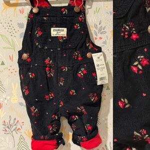 BNWT Oshkosh Baby B’gosh Black Corderoy Red Rose Floral 3mo Girl Retro Overalls